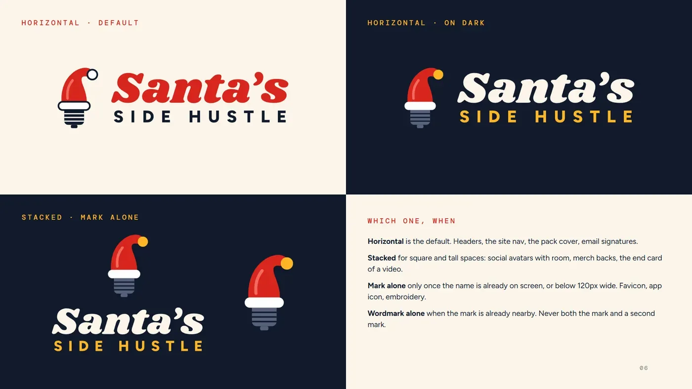 Page from the Santa's Side Hustle brand system